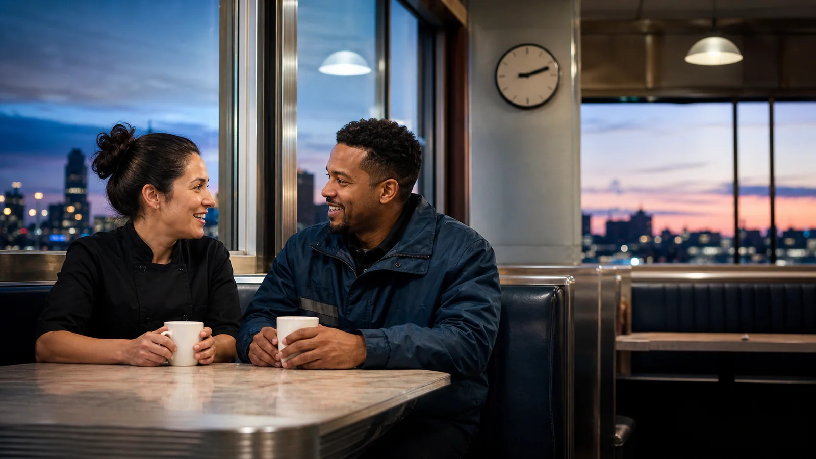 Two night-shift workers talking over coffee before sunrise